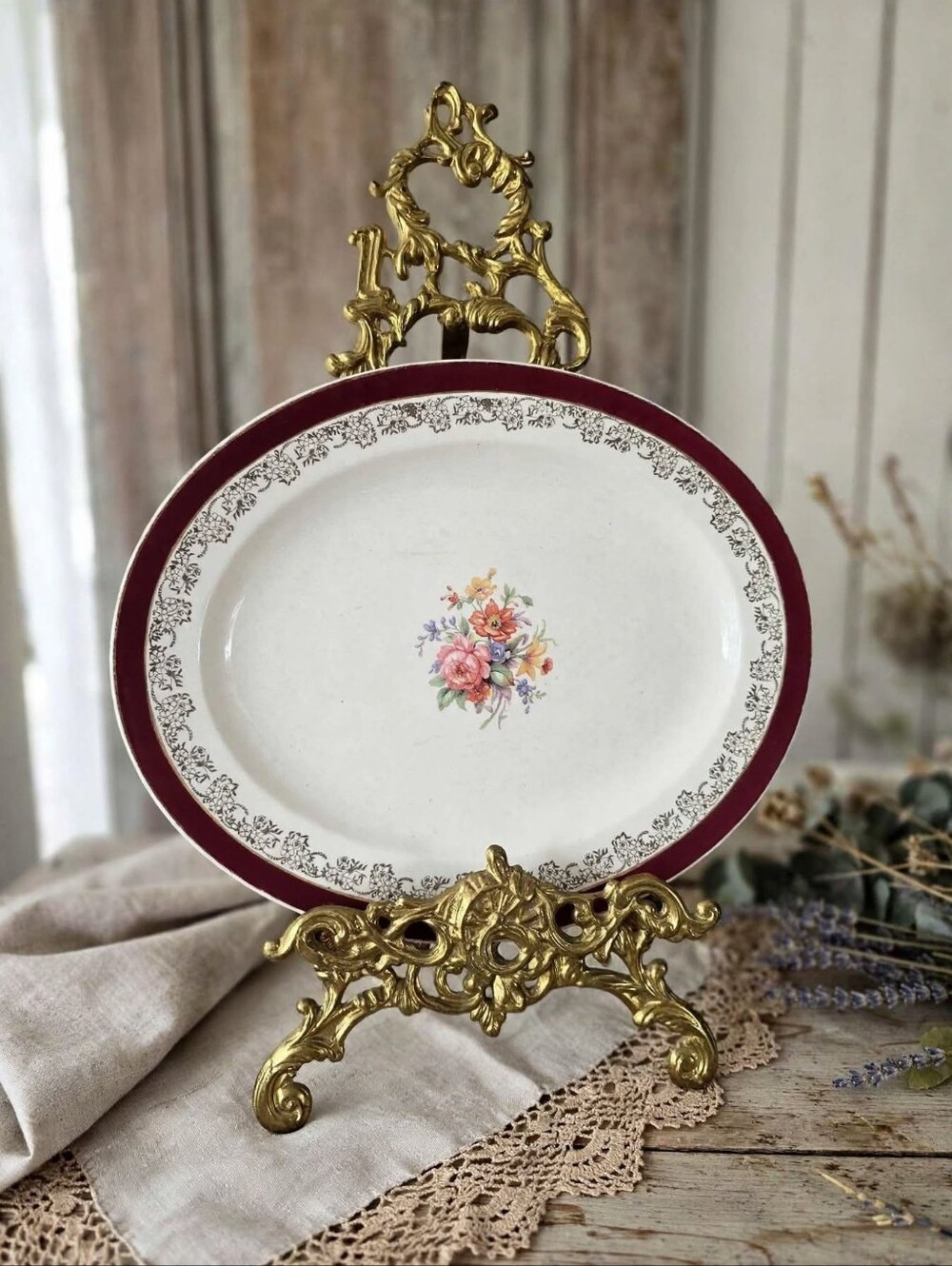 Antique Crown Ducal Ware Oval Platter | Burgundy Gold Floral | 1920s-1930s